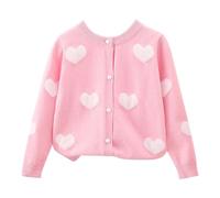 Kids Girls Knitted Cardigan Lightweight Cotton Button Down Knit Sweater Cute Heart Print School niform for Girl Long Sleeve Crew Neck Basic Schoolwear Soft Knit Oversized Sweater (Pink, 5-6 Years)
