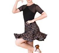 Kids Girls Latin Skirt With Short Sleeve Top 2 Pieces, Children's Falbala Skirt Dancing Practice Skirt, For Ballroom Samba Tango Cha-Cha Stage Performance Costume (Color : Leopard Print, Size : 130