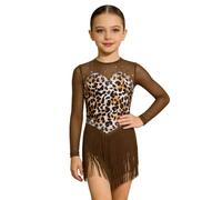 Kids Girls Leopard Print Fringe Tango Salsa Latin Dance Dress Shiny Rhinestone Tassel Skirted Leotard for Performance