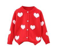 Kids Girls Long Sleeve Cute Heart l Print Knitted Cardigan with Buttons Solid Color Elegant Crew Neck Pullover Jumpers Top for Autumn Winter Cozy Wear Age 2-7 Years (Red, 6-7 Years)
