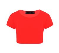 Kids Girls Neon Fluorescent Plain Short Sleeve Crop Tops T-Shirt Tee Top Dance Wear Gymnastic Fancy Dress Colour: Red - Size: 9-10 Years