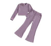 Kids Girls Outfits 11-12 Years Solid Color Ribbed Long Sleeve Knit Sweatshirt Pullover Knitted Tops with Elastic Waist Flare Pants Sets 2Pcs Little Girl Clothing 8-9 Years (Purple, 9 Years)