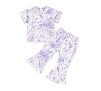 Kids Girls Outfits Summer Short Sleeve Tops Tie Dye T Shirts Flared Pants 2PCS Baby Clothes Set for Birthday Purple