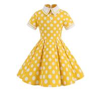 Kids Girls Palace Dresses Polka Dot Vintage Girl's Dress Stand Collar Neck Elegant Slim Short Sleeve Summer Swing Skirt Children's Performance Costume School Casual Party Dresses Yellow
