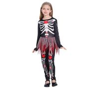 Kids Girls Pink Skeleton Bodysuit Sequin Rainbow Tutu Halloween Skeleton Costumes with Mask Gothic Jumpsuit Fancy Dress for Teen Halloween Party Carnival Cosplay Outfit Age 3-13 Years (White, L)