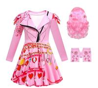 Kids Girls Princess Red Pink Bridget Blue Evie Dress + Wig +Glove Fancy Outfits Set (140, Pink)
