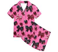 Kids Girls Satin Pyjamas Sets Cherry Bow Print PJsTeen Kids Lapel Button-Down Summer Sleepwear Short Sleeve Nightwear Soft Lightweight Loungewear Children Homewear Age 3-13 Years (12-13 Years)
