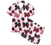 Kids Girls Satin Pyjamas Sets Cherry Bow Print PJsTeen Kids Lapel Button-Down Summer Sleepwear Short Sleeve Nightwear Soft Lightweight Loungewear Children Homewear Age 3-13 Years (12-13 Years)