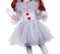 Kids Girls Scary Halloween Clown Costume - 3PC Outfit: Tulle Dress, Gloves & Hairpin for Masquerade