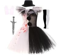 Kids Girls Scary Halloween Clown Costume Tulle Dress Knife Socks Gloves Hairpin Sets Costume Fancy Dress Halloween Party Cosplay Outfit (white, 8-9years)