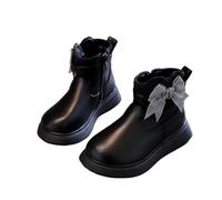 Kids Girls School Ankle Boots, Warm Fleece Lined Patent Leather Stylsh princess shoes with bow tie round toe school Booties winter walking boots footwear