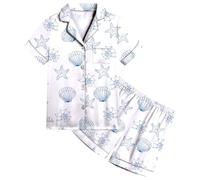 Kids Girls Seashell Print Satin Pyjamas Lapel Button-Down PJs Teen Kids Short Sleeve Nightwear Silk Sleepwear 2 Piece Lightweigh Soft Loungewear Children Homewear Age 3-13 Years (White, 12-13 Years)