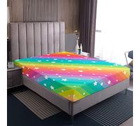 Kids Girls Single Fitted Sheet Rainbow Stars Print Fitted Sheet Colorful Toddler Women Color Stripes Decorative Bed Sheet Super Soft Breathable Microfiber Box Spring Bed Sheet