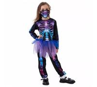 Kids Girls Skeleton Bodysuit Attire Sequin Rainbow Tutu Halloween Skeleton Dress Up with Mask Elegant Gothic Jumpsuit Fancy Dress for Halloween Parties Carnival Cosplay Outfit 3-13 Years (Blue, M)