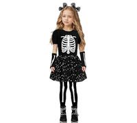 Kids Girls Skeleton Halloween Costumes Glow in The Dark Skeleton Costumes Sequin Tutu Dress with Mask Hairpin and Cover for The Sleeves Fancy Dress Party Carnival Cosplay Outfit (Black, 7-8 Years)