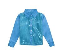 Kids Girls Sparkly Sequins Dance Top Boys Long Sleeve Button Down Shirt for Jazz Dance Performance Costume Baby Tees Boy Sky Blue