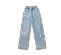 Kids Girls Star Distressed Cropped Jeans Pull on Straight Denim Trousers Cute Ripped Baggy Wide Leg Jeans Bottom with Pockets Washed Fashion Casual Streetwear Trousers (Blue, 5-6 Years)