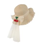 Kids Girls Straw Sun Hat Lace Bowknot Cherry Princess Hat Wide Brim UV Protection Floppy Summer Beach Travel Cap for Age 3-6 Years (UK, Alpha, One Size, Style-2)
