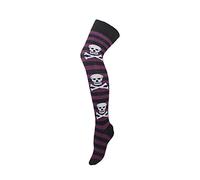 Kids Girls Striped Stripy Comfy Knitted Over The Knee Crossbone Skull Cotton Rich Socks Spooky pattern Hallowen Gothic Design For Costume Party (PURPLE, 12.5-3.5/31-36)