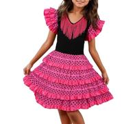 Kids Girls Summer Polka Dot Dress Cute Boho Spanish Bull Ballroom Costume Child Dance Dresses Flowy Sundress Birthday Gifts for Girls Zc-Hot Pink,6-7 Years
