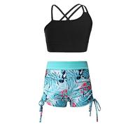 Kids Girls Swimsuit Two Piece Tankini Sets Sleeveless Crop Tank Top with Shorts Outfits Swimming Costume Leaf Type A 9-10 Years