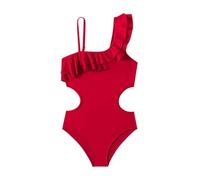 Kids Girls Swimsuits One Shoulder Ruffle Swimwear Solid Bathing Suit Swim Suit Bottom Red