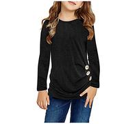 Kids Girls Tunic Tops Crewneck Soft Solid Color Long Sleeve Comfortable Casual Pullover Sweatshirt with Side Buttons Girls Wear Tops (Black, 12-13 Years)