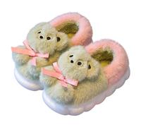 Kids Girls Warm Insulation Thick Padding Cartoon Bear Pattern Slip-On Design Winter Style Comfortable Cosy Slippers, Green, 2.5 UK Child