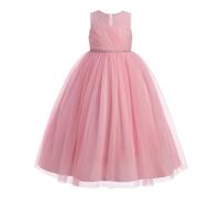 Kids Girls Wedding Flower Girl Dress Little Princess Birthday Party Dresses Evening Pageant Ball Gown Sleeveless Illusion Round Neck Rhinestones Pleated Tulle Tutu Ruffle Maxi Dress Dusty Pink 7-8Y