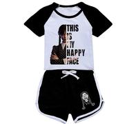 Kids Girls Wednesday The Addams Printed Short Sleeve T-shirt Shorts Outfits Set Black 13-14 Years