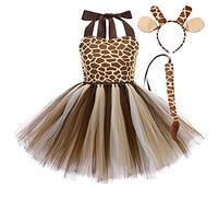 Kids Girls Wild Animal Dress Toddlers Jungle Theme Set with Hair Hoop Tail Christmas Birthday Photo Shoot Outfits Brown-white 5-6 Years