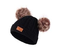 Kids Girls Winter Hat Wool Knitted Beanie with Double Pom Pom Cap Ski Snowboard Hats Bobble Pom-pom Beanie (one Size,Black(Brown Ball))