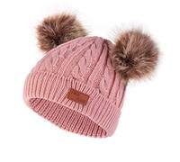 Kids Girls Winter Hat Wool Knitted Beanie with Double Pom Pom Cap Ski Snowboard Hats Bobble Pom-pom Beanie (one Size,Dark Pink(Brown Ball))