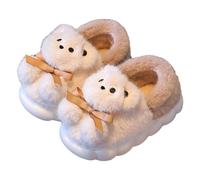 Kids Girls Winter Style Slippers with Insulation Thick Padding Warm Sole Slip-on Design Bear Pattern Cartoon Style Suitable for Parents and Kids Slippers Wedge Heel, beige, 2 UK