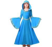 Kids Girls Witch Cosplay Costume Halloween Costume Medieval Gothic Princess Dresses Teen Elegant Hooded Capes Gown Flare Sleeve Long Dress for Halloween Carnival Theme Party 4-12 Years (Sky Blue, S)