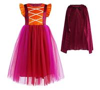 Kids Girls Witch Winifred Mary Sarah Sanderson Birthday Party Christmas Outfits Tulle Dress with Cape Wig Wine Red 5-6 Years