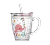 Kids Glass Milk Cup Childrens Measuring Cups Toddler Drinking Cup Cartoon Baby Straw Cups Child Transparent Glass Mug with Straw and Silicone lid for Microwave, Milk, Juice, Iced, Tea, Coffee, 300ml
