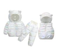 Kids Glitter Snowsuit Puffer Jacket Trousers Set Winter Padded 2 Piece Outfits Toddler Boys Girls Cute Bear Hooded Down Coat Windproof Zip Up Outdoor Thick Thermal Clothes White
