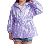 Kids Glitter Waterproof Jacket Toddler Girls Sparkly Leather Jackets Lightweight Windproof Rain Coat Zipper Hooded Long Sleeve Windbreaker Elastic Waist Casual Outwear