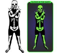Kids Glow in Dark Skeleton Morphsuit Boys Girls Halloween Fancy Dress Costume