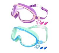 Kids Goggles, Wide View Swim Goggles, Anti-Fog No-Leak Design with Nose Clip, Uv Protection Swimming Eyewear for Beach, Pool, Diving, Snorkeling, 6.5x2.56 Inches