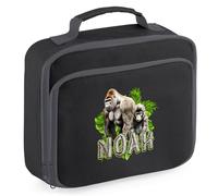 Kids Gorilla Custom Lunch Bag Personalised Name Back to School Nursery Lunchbox for Boys Girls Infants New Term Gift, 24cm x 20cm x 8cm, Black