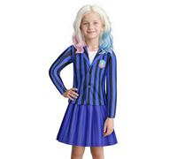 Kids Gothic School Uniform Costume Dress with Mock Jacket and Wig, Halloween Child Fancy Dress, Gothic Schoolgirl Dress Up Costumes for 3-12 Years