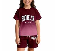 Kids Gradient Letter Print Summer Outfit Set, Casual Two-Piece Cotton Blend for Boys and Girls, Lightweight Breathable Playwear for Ages 2-6 Years (11-12 Years) Wine