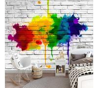 Kids Graffiti Rainbow Photo Mural - Brick Wall Squares Wallpaper- Amazing 3D Effect - Ideal for Boys Girls Bedroom 250 W x 175 H cm