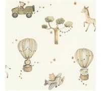 Rasch Kids World Collection 302011 Non-Woven Wallpaper with Safari Animals in Green and Beige