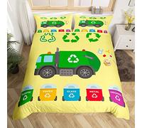 Kids Green Garbage Truck Comforter Cover Double Size Recycling Trash Truck Bedding Set For Toddler Boys Girls Teens Waste Separation Themed Duvet Cover Cartoon Car Bedspread Cover Microfibre Soft