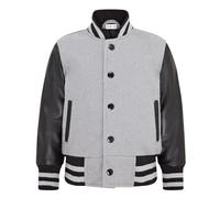 Kids Grey Wool Varsity Bomber Jacket with Real Leather Sleeves