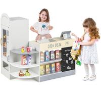 Kids Grocery Store Playset, Wooden Supermarket Toy Set with Cash Register, Vending Machine, Play Food Accessories, Blackboard, Pretend Play Store Gift for Toddler Boys Girls (White)