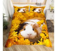 Kids Guinea Pig Comforter Cover Sunflower Bedding Set for Children Boys Girls Cute Cavy Blossom Flowers Duvet Cover Botanical Branches Animal Bedspread Room Decor 2Pcs Junior/Cot Bed Size,Zipper